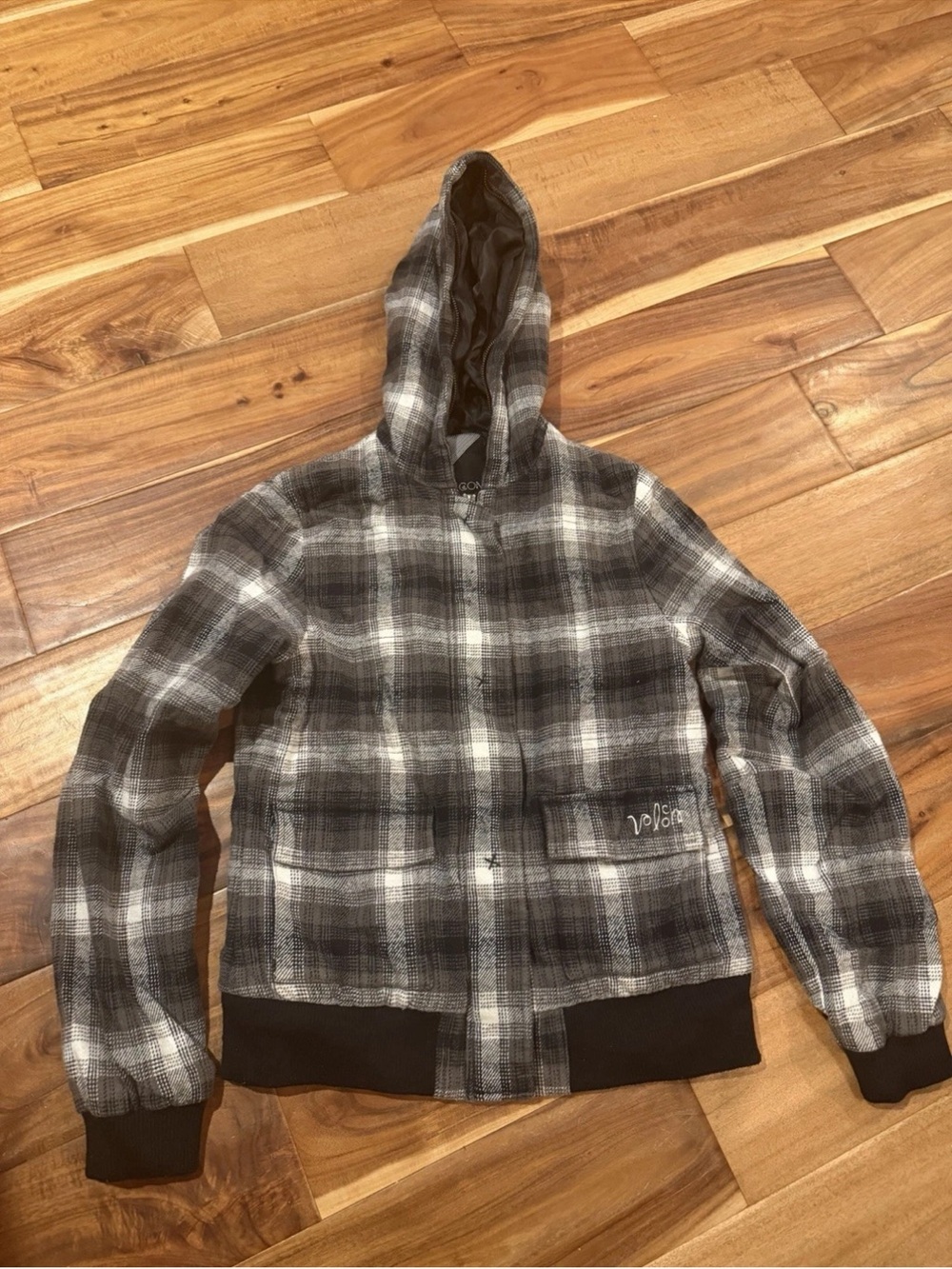 Volcom Gray & Black Plaid Hooded Jacket
